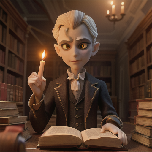 In an abandoned victorian library filled with dusty, aging tomes and creaky furniture, a vampire scholar scrutinizes an ancient script, his luminous eyes reflecting the flickering candlelight, desperately searching for a lost cure to his immortality.