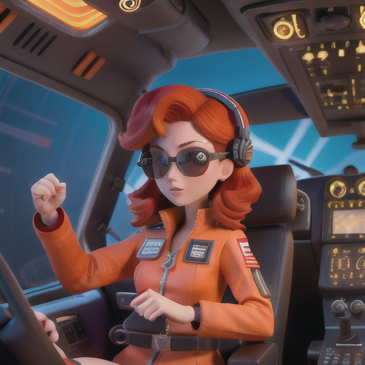 Exasperated pilot girl, tousled fiery red hair, in a high-tech cockpit, fumbling with her aviator glasses, spaceship control panels lighting up, donning a tight pilot suit with various tactical patches, high contrast and vibrant style, an aura of thrill and chaos