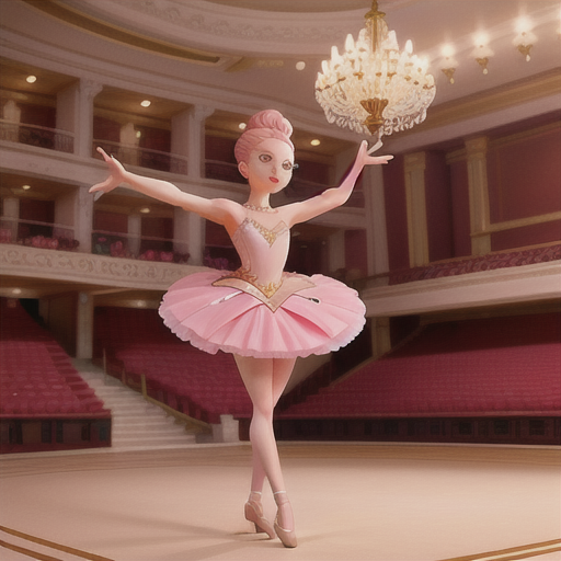Graceful ballerina, delicate pink hair in a high bun, on a grand theater stage, executing a flawless pirouette, an enchanted audience in the background, elegant tutu with sparkling accents, delicately shaded anime aesthetic, an atmosphere of refinement and sophistication