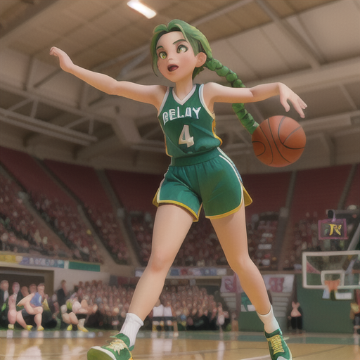 Athletic prodigy, emerald-green hair in a low braid, a basketball court filled with fierce competition, concentrating and wiping her prescription sports goggles, teammates carefully watching her next move, sports jersey and shorts, dynamic and energetic art style, the thrill of victory and determination