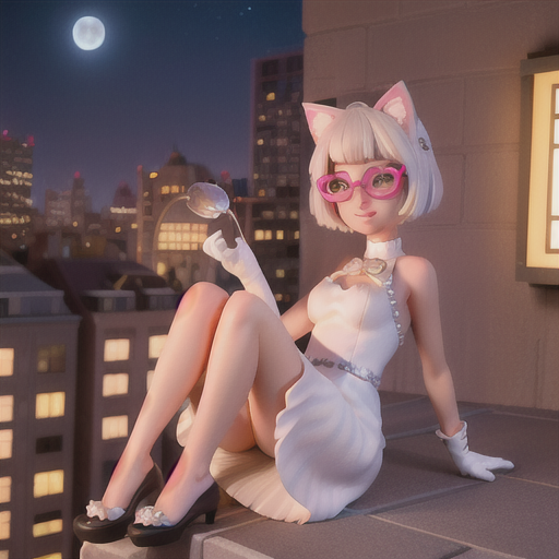 Playful cat-girl, platinum blonde hair with two tufts, lounging on a rooftop with an urban nightscape, winking while trying on a pair of decorative glasses, a full moon and twinkling stars in the sky, furry cat ears and a white dress, bold and luminous anime art style, a flirtatious and whimsical mood
