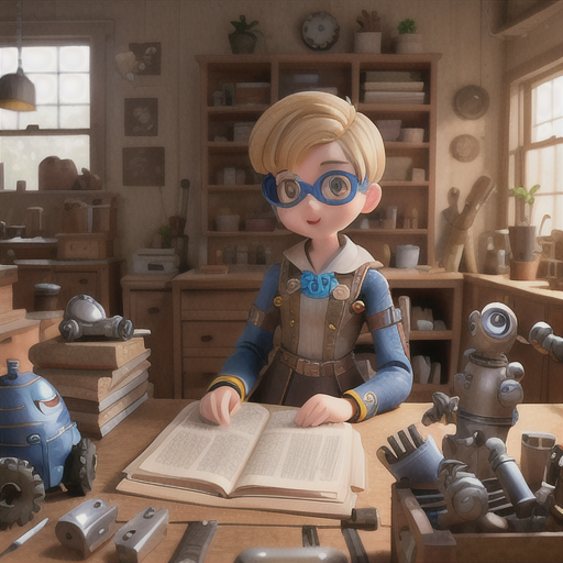 Enthusiastic young inventor, short blonde hair and goggles, in a cluttered workshop, tinkering with the components of a robotic sidekick, stacks of blueprints and tools strewn about, functional work clothes with various pockets, stylized and slightly steampunk anime style, a sense of curiosity and innovation