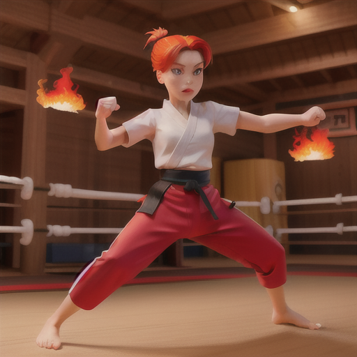 Skilled martial artist, fiery red hair dancing in a fierce movement, in the heat of an intense dojo competition, landing a powerful kick on an opponent, observing sensei nodding approvingly, sleek martial arts uniform with emblems, energetic and fluid movement-centric art style, feeling of discipline and determination