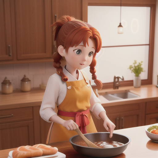 Diligent mother figure, long auburn hair tied in a ponytail, in a cozy kitchen, preparing a delicious meal for the family, a young sibling watches in awe, traditional Japanese apron over a casual dress, sketchy watercolor anime style, warm and comforting atmosphere