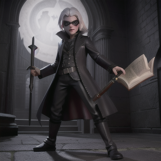 Fearless vampire hunter, silver hair with an eyepatch, haunting a shadow-drenched gothic cathedral, grasping a grimoire of powerful spells, a formidable vampire antagonist lurking in the shadows, leather armor and holy symbols, dark and intense anime style, thrilling and chilling atmosphere