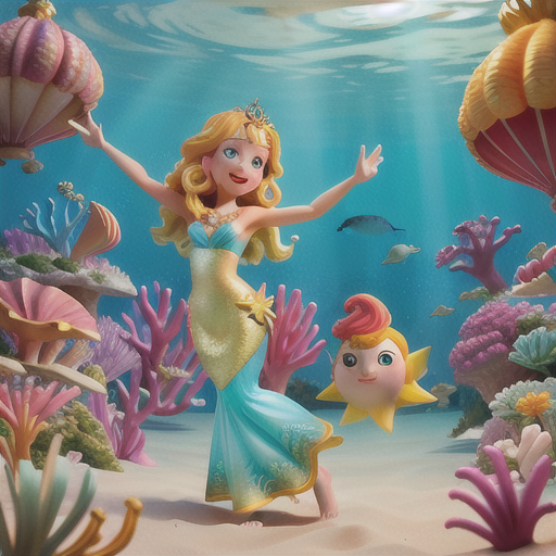Sunny mermaid idol, golden hair adorned with seashells, frolicking in an underwater palace, singing a beauteous melody, colorful sea creatures dancing along, multicolored seashell-patterned dress and a pearl necklace, underwater-themed colors with a glittery finish, enchanting and captivating atmosphere