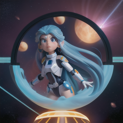 Nostalgic space warrior, long blue hair with star-shaped earrings, floating in cosmic space, engaging in an intense laser battle, a loyal android sidekick by their side, sleek and futuristic battle armor, vivid colors with a retro anime feel, an adrenaline-fueled and action-packed atmosphere