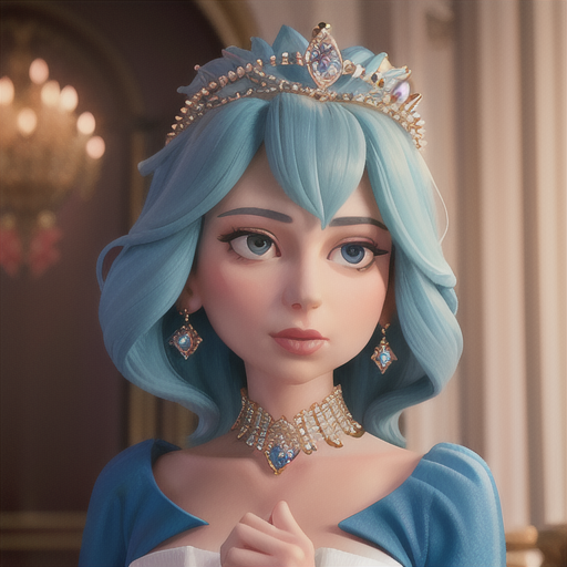 The queen, depicted in an elegant portrait, wears a tiara encrusted with diamonds and a royal blue gown signifying her sovereignty.