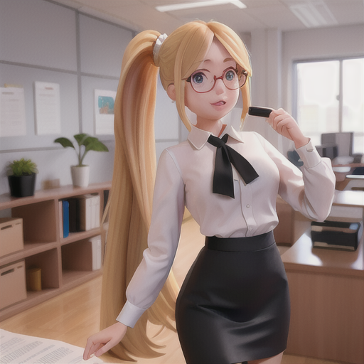 Hardworking young secretary, long blond hair in a ponytail, inside a busy office space, organizing documents with utmost efficiency, coworkers collaborating in the background, formal black skirt and white blouse, charming and efficient, vibrant anime art style, a productive work environment