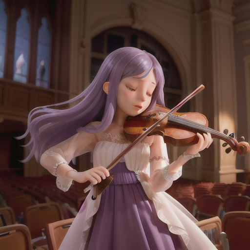 Shy musician, long lavender hair partially covering eyes, beautifully lit concert hall stage, playing a haunting melody on a violin, sheet music elegantly floating in the air, flowing gown featuring musical notes, soft lighting and emphasis on character expressions, emotionally evocative and poignant