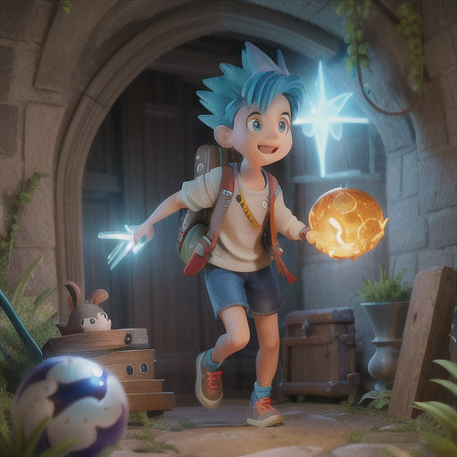 Adventurous boy, energetic spiky blue hair, exploring a secret chamber, opening an enchanted book with a gleaming key, mysterious floating orbs of light, casual clothing with a backpack full of artifacts, vibrant and glowing art style, sense of excitement and wonder