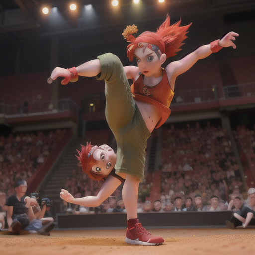 Rugged breakdancer, fiery red hair with a headband, in an underground dance competition, executing a powerful windmill, rival dance crews watching with anticipation, a sleeveless hoodie and baggy pants, bold line work and rich colors, an intense and riveting atmosphere