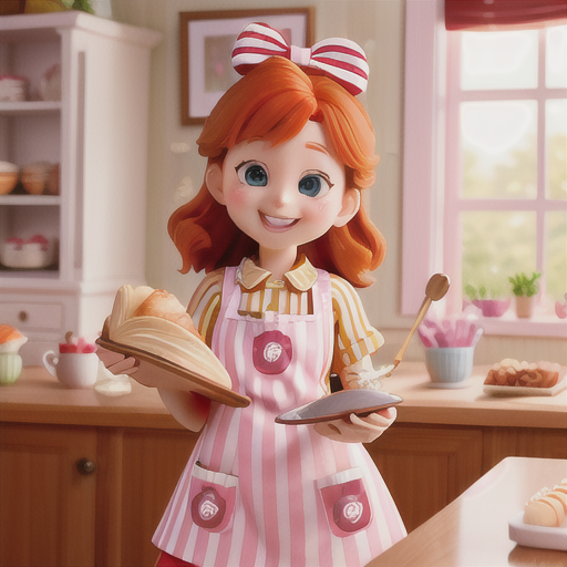 Lively pastry chef, ginger hair adorned with a candy-striped bow, in a bakery filled with tempting confections, excitedly pouring over a recipe book for a signature treat, a mascot character peeking out with a cheeky grin, color-coordinated apron over a frilly dress, bright and playful anime style, an infectious sense of joy and creativity