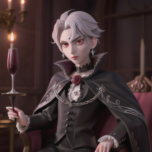 Enigmatic vampire prince, silver hair and piercing red eyes, in a moonlit gothic castle, drinking from a goblet of crimson wine, surrounded by courtiers in Victorian garb, black velvet cape with intricate silver chain, darkly romantic art style, an air of mystery and seduction