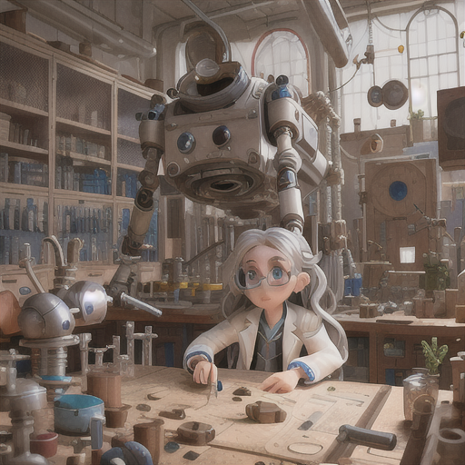 Eccentric inventor, messy silver hair and round glasses, cluttered laboratory setting, assembling a complex robot, various gadgets and blueprints strewn about, lab coat with robotic arms, crisp line art and bold coloring, a scene of innovation and creativity