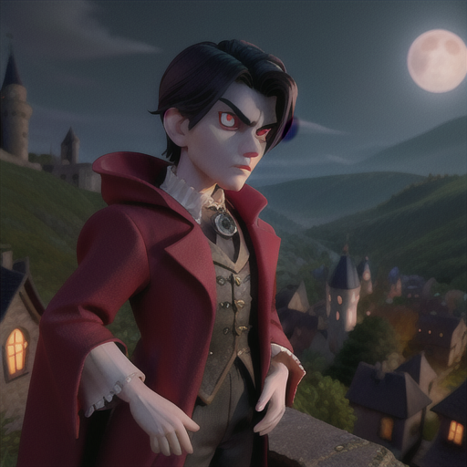 In the eerie glow of the full moon, an immaculately dressed vampire with piercing red eyes and a brooding demeanor gazes longingly from his castle tower over the sleepy, unsuspecting medieval village nestled in the valley below.