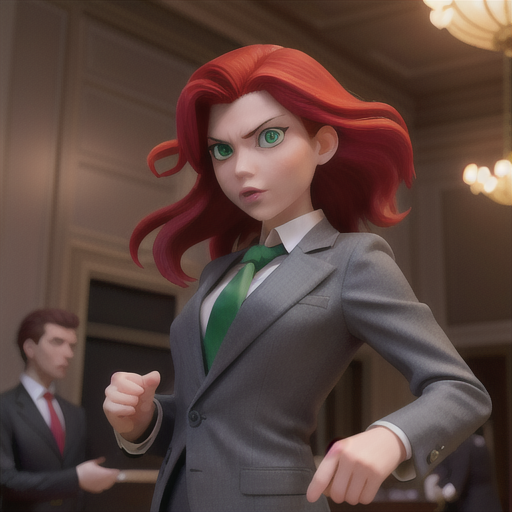 Ambitious rival executive, intense green eyes and long crimson hair, at a high-stakes corporate event, challenging the protagonist to a game of wits, background bustling with sharply-dressed attendees, impeccably tailored gray suit and power tie, intense dramatic anime style, tension and rivalry in the air