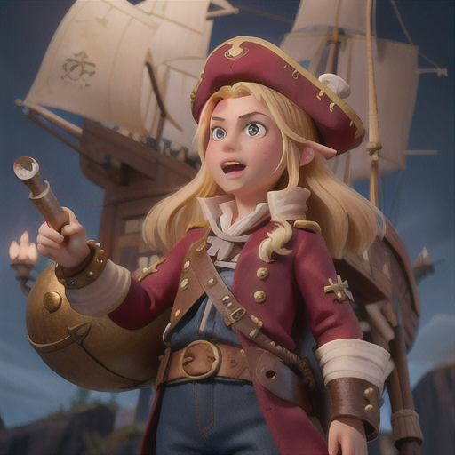 Adventurous pirate captain, unruly blonde hair under a tricorn hat, aboard a soaring airship, confidently surveying the skies with a spyglass, a loyal crew bustling below, a mixture of pirate garb and fantastical technology, exaggerated proportions and rich detail, an atmosphere of daring ambition and high-flying excitement