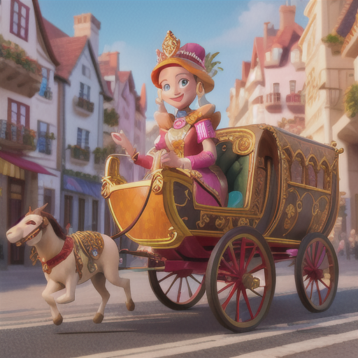 A queen is pictured in a luxuriously detailed carriage, smiling brightly as she journeys through the colorful city streets.