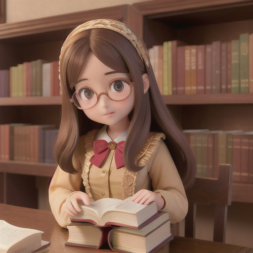 Shy librarian girl, glasses and long brown hair, in an ancient library, carefully organizing a pile of dusty books, intricately patterned wooden shelves surrounding her, modest uniform with ruffled blouse, detailed and intricate anime style, a quiet and studious environment