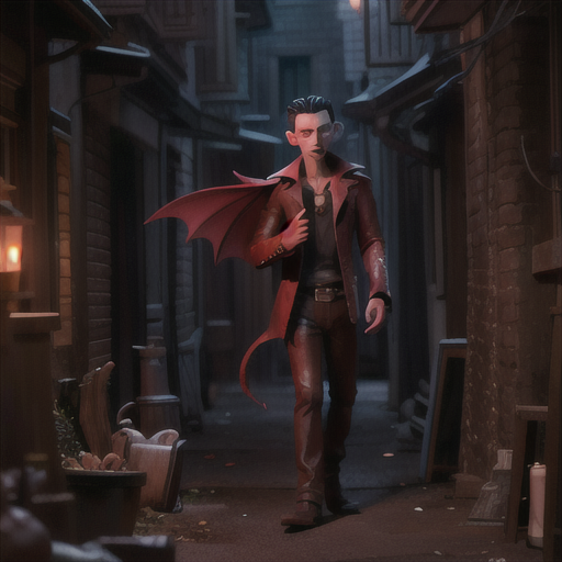 A newly turned vampire is seen struggling with his newfound thirst in a dimly lit dingy alley, the veins in his face strained and eyes bloodshot, clutching his chest, writhing in the pain of transformation that has befallen him.