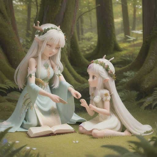 Gentle forest spirit, ethereal white hair and antlers, within a lush and ancient forest, delicately touching the pages of a nature tome, delicate flowers and butterflies weaving around, flowing dress and nature-inspired accessories, soft and whimsical anime style, a tranquil and magical scene