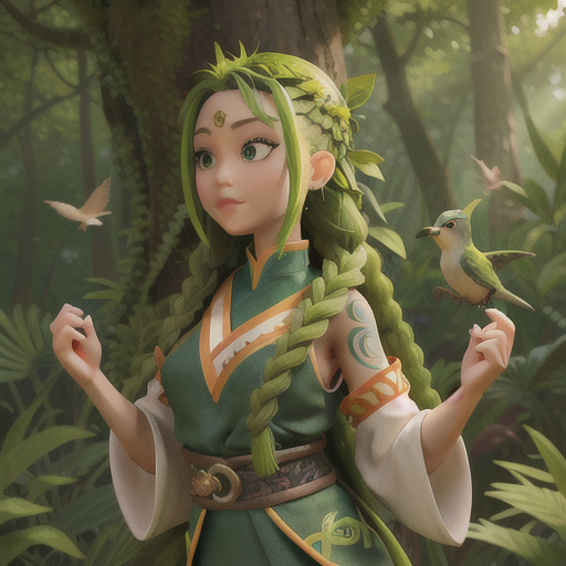 Harmonious nature-loving ninja, green braided hair and vine tattoos, communing with wildlife in a serene forest grove, birds perching upon her shoulders, various animals gazing adoringly, vine-accented ninja outfit, lush and vibrant botanical details, a peaceful and captivating woodland escape