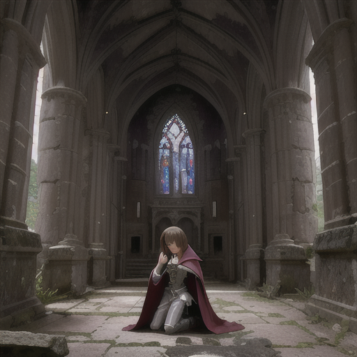 In the desolate ruins of a centuries-old cathedral, under the immense arched ceilings, a vampire knight is knelt in silent prayer, his silver armor glistening under the moonbeams filtering through the shattered stained glass windows.