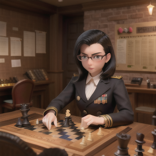 Battle-hardened strategist, slicked-back black hair and sharp glasses, war room with maps and scrolls, moving chess pieces on a strategy board, an array of different weapons on display, tactical military uniform, highly detailed art style, intensely focused and calculating atmosphere