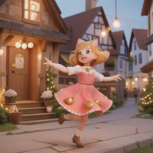 Playful cat-eared girl, radiant peach hair and golden eyes, in a cozy village square, dancing with a beaming smile, local townspeople joining in the festivities, quaint dress and a bell-laden necklace, warm and inviting art style, joyous and festive environment