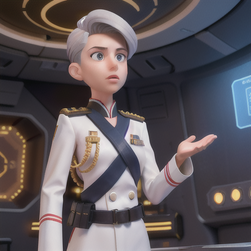 Stoic military officer, neatly trimmed silver hair, on a futuristic warship bridge, giving orders to crew members, holographic battle strategy displayed in the background, fitted officer uniform with rank insignia, crisp and clean animation style, a sense of duty and authority