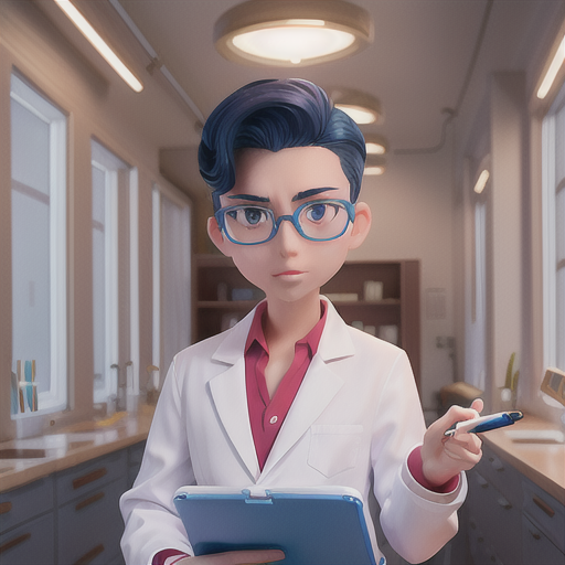 Confident researcher guy, slicked-back dark blue hair, in a busy laboratory, examining a complex chemical formula, round rimless glasses reflecting dazzling lights, lab coat with various colorful pens, sleek and modern anime style, capturing both intelligence and excitement