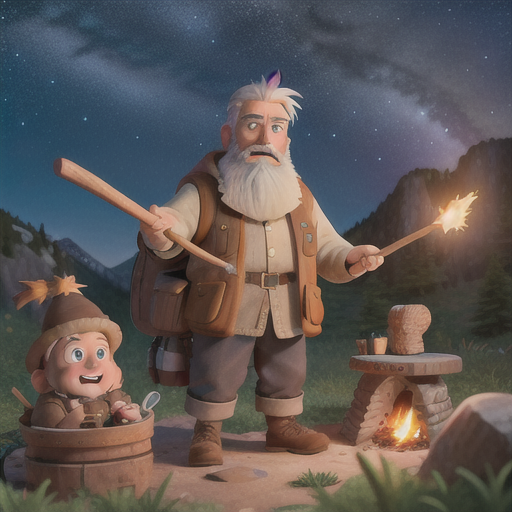 Traveling grandpa, white hair and a rugged beard, in a mountainous campsite, regaling a young family member with adventurous tales, a cozy fire and a starry sky overhead, explorer's attire and a walking stick, cinematic anime style, a sense of awe and camaraderie