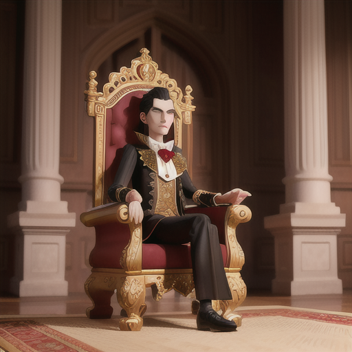 A stately vampire clad in royal attire, with deep-set captivating eyes, sits upright on an intricately carved wooden throne, listening in brooding silence to the disputes of his subordinates in the grand foyer of the ancient stone castle.