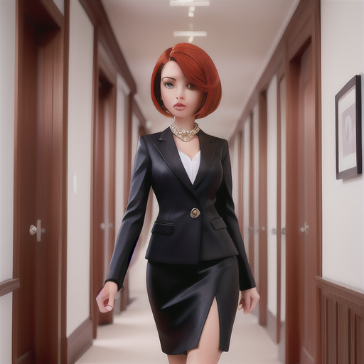 Fashionable businesswoman, stylish auburn bob haircut, in a high-fashion office interior, confidently striding down a runway-like corridor, framed by minimalist artwork and pristine decor, sleek black blazer and pencil skirt, bold, sophisticated image style, an air of modern professionalism