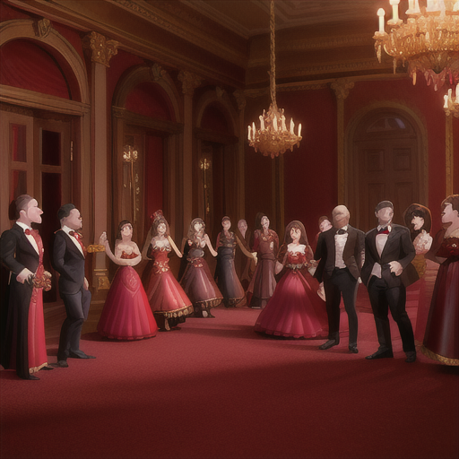 In the lavish crimson and gold decor of an extravagant Victorian ballroom filled with unsuspecting humans, a coven of vampires cleverly disguised mingle, their bemused smirks revealing their sharp, deadly fangs as they choose their victims.