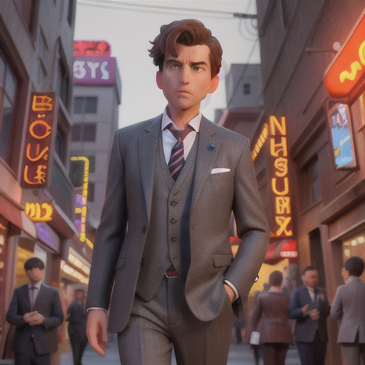 Unassuming undercover detective, disheveled brown hair and mysterious gray eyes, in a crowded urban alleyway, covertly observing criminal activity, bustling city and neon signs in the background, casual suit, tie slightly askew, watercolor-infused anime style, an atmosphere of intrigue and suspense