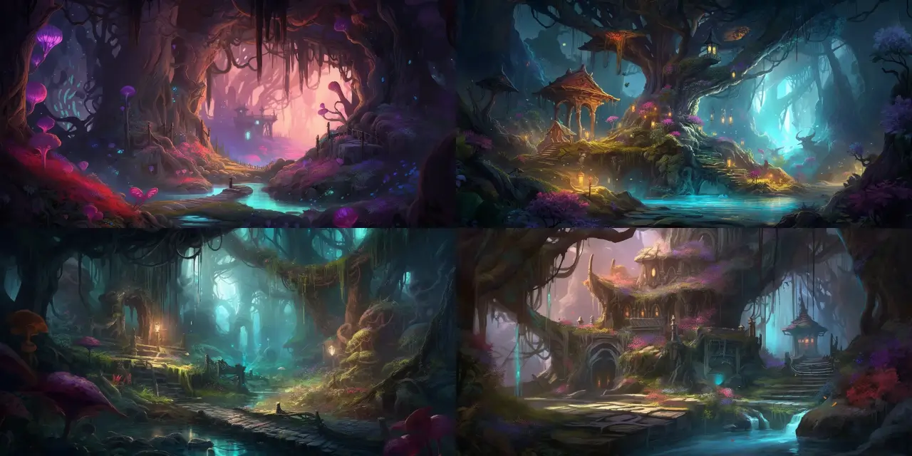 Visualize a mystical forest inhabited by {{creature_1}}, {{creature_2}}, and {{creature_3}} for an enchanted role-playing game. Capture the magical aura of the location by incorporating glowing flora like {{glowing_plant_1}}, {{glowing_plant_2}}, and {{glowing_plant_3}}, hidden dwellings such as {{dwelling_1}}, {{dwelling_2}}, and magical artifacts like {{artifact_1}}, {{artifact_2}}, and {{artifact_3}} within the lush setting. Inspired by art styles like {{art_style_1}}, {{art_style_2}}, and {{art_style_3}}, translate the enchanting world into captivating 2D & 3D game assets.