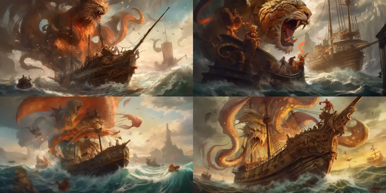 Depict a thrilling scene featuring a {{animal_1}} sailor cat on a pirate ship, courageously battling a giant {{mythical_creature_1}} kraken with its enormous tentacles emerging all around the vessel. Incorporate various dynamic elements such as {{object_1}} cannonballs flying through the air, {{object_2}} splashes of water crashing against the ship, and {{animal_2}} seagulls soaring near the action. Emphasize the intensity of the situation and the bravery of the sailor cat protagonist through a vivid, storyboarding art style that echoes the works of {{artist_1}} and {{artist_2}}. Consider utilizing mediums such as {{medium_1}} or {{medium_2}} to enhance the atmosphere and visual impact of the scene.