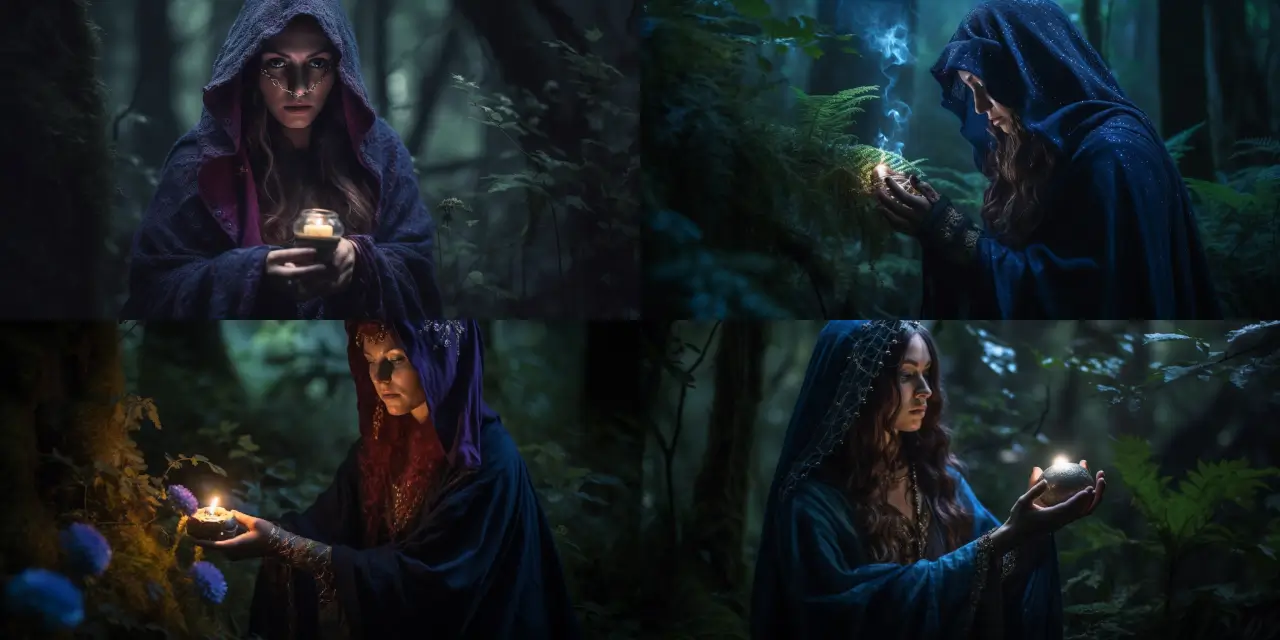 In a mystical forest filled with {{detail_1}}, a hooded sorceress, wearing {{attire_description}}, stands surrounded by {{plants_1}} and {{plants_2}}, as she conjures a ball of magical energy, glowing {{color_1}}, in her hands. Her face, partially illuminated by the energy, reveals a mix of serenity and sinister intent. The atmosphere blends elements of tranquility with an underlying sense of danger. This scene, evoking themes of {{theme_1}} and {{theme_2}}, is envisioned as a fantasy book cover art, bringing to mind the styles of {{artist_1}} and {{artist_2}}, while incorporating elements of {{art_style_1}} and {{art_style_2}}. Rendered in a medium of {{medium_1}}, let the final image convey the awe and mystery of the sorceress's magical display.