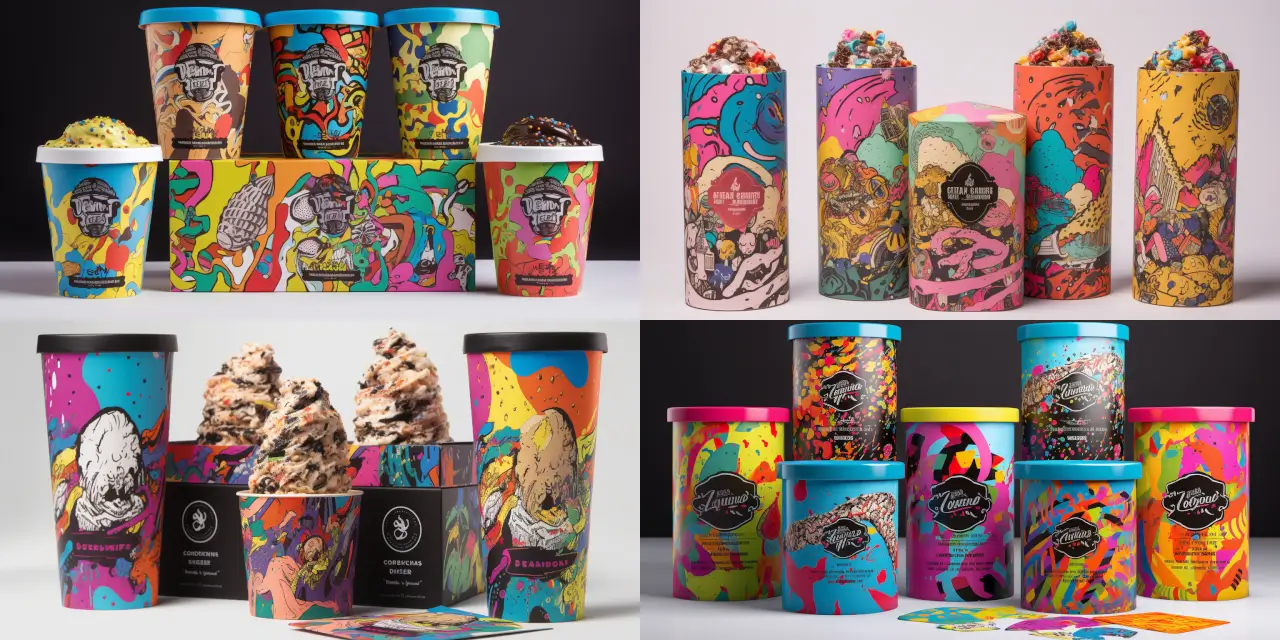 Design a vibrant and colorful pop art inspired food packaging for an ice cream parlor, featuring a dynamic image of an ice cream cone {{flavor_1}} topped with an array of playful toppings, such as {{topping_1}}, {{topping_2}}, and {{topping_3}}. Incorporate visually striking design elements referencing iconic pop artists like {{artist_1}} and {{artist_2}} to create a sense of energy and excitement. The final design should convey the delicious and imaginative dessert experience offered by the ice cream parlor.