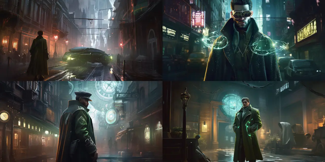 Depict a time-traveling detective wearing a {{material_1}} cybernetic trench coat adorned with {{decoration_1}} and {{color_1}} accents, equipped with an AI sidekick resembling a {{AI_form_1}}, and a holo-encrypted magnifying glass emanating {{color_2}} light. The scene should be set in a {{location_1}} with elements of {{time_period_1}} architecture and {{time_period_2}} technology, showcasing their ability to effortlessly navigate multiple eras. The detective's expression should convey {{emotion_1}} as they solve a case that transcends time. Style inspiration: {{artist_1}} and {{artist_2}}; Medium: {{medium_1}}. Futuristic Character Design.