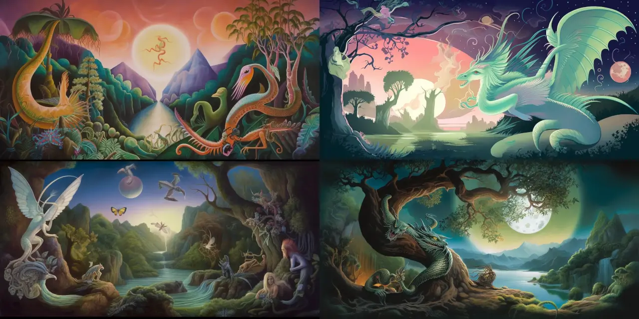 A mystical scene featuring a {{creature_1}}, a wise Sphinx, engaged in solving riddles under the enchanting light of a crescent moon. Accompanying the Sphinx are other {{creature_2}} mythical creatures, such as griffins, phoenixes, or unicorns, each displaying their own unique characteristics in a {{setting_1}} dreamlike landscape. The art style can be inspired by {{artist_1}}, with rich colors, intricate details, and fantastical elements, reminiscent of {{art_style_1}} such as surrealism or impressionism. The chosen medium can be a {{medium_1}} watercolor painting, an oil on canvas, or even a detailed sketch to capture the beauty and mystique of the scene. Emphasize the theme of wisdom, enigma, and the allure of ancient mythology.