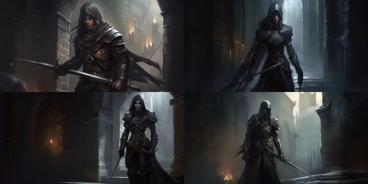 A daring {{character_type}} dressed in {{armor_style}} armor, armed with {{weapon_quantity}} {{weapon_style}}, disappearing into the shadows of a {{lighting}} {{structure}} wall. {{art_style}} Fantasy Character Design.