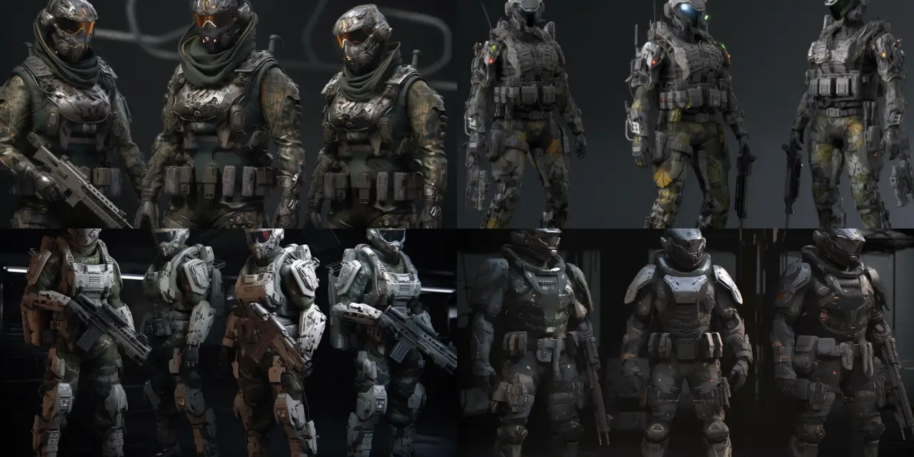 Illustrate a {{number}} genetically enhanced super-soldier{{plural}}, wearing adaptive camouflage body-armor that seamlessly blends with the environment. Enhance their abilities with bionic eyes, capable of scanning the surroundings thoroughly. Accompany them with a stealth drone companion{{plural}}, equipped with advanced surveillance technology. Emphasize the futuristic character design, incorporating inventive elements that represent advanced warfare, cutting-edge technology, and the next generation of military prowess. Consider integrating elements of diverse art styles, such as cyberpunk, solarpunk, or minimalism, to create a unique and captivating visual representation.