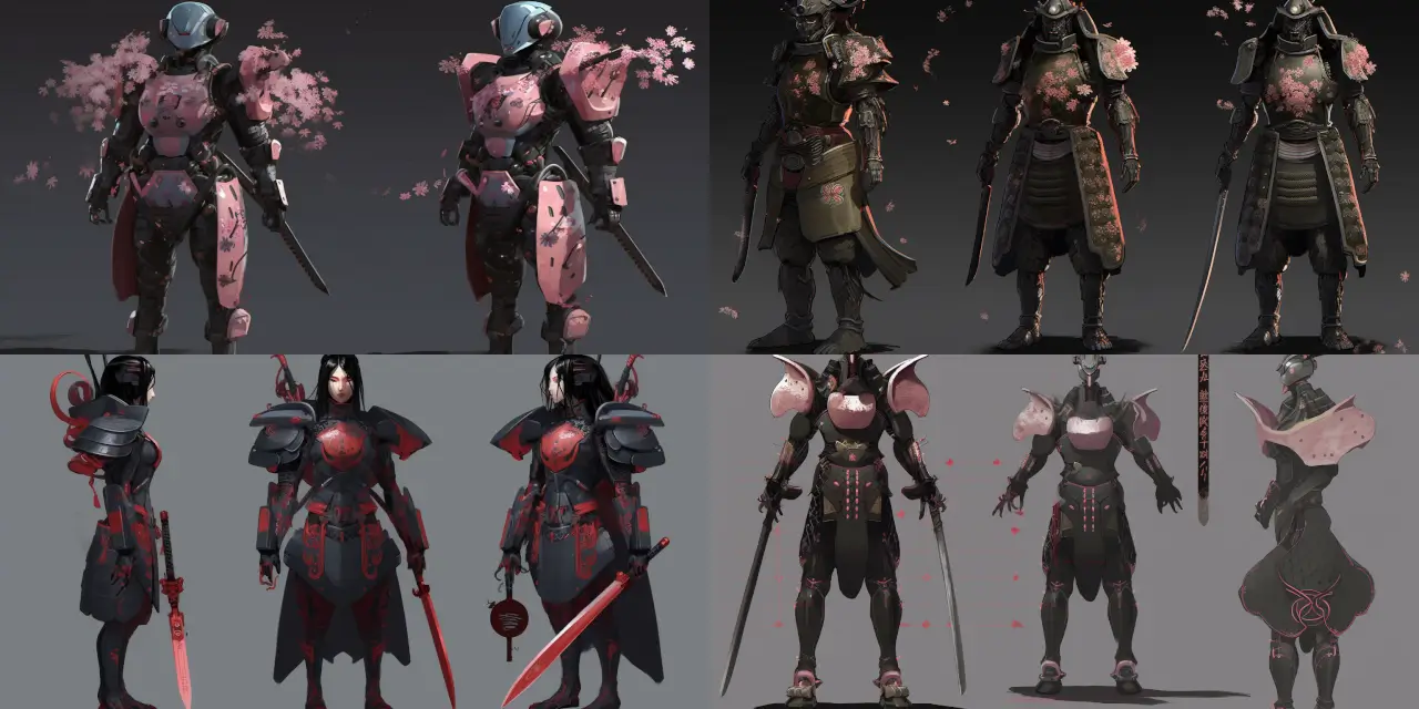 Design a robotic samurai character featuring {{armor_material}} sleek armor and advanced {{weapon_type}} weaponry, while still maintaining a strong connection to ancient Japanese culture and incorporating elements such as {{cultural_symbol_1}} and {{cultural_symbol_2}}. The character design should evoke a {{theme_1}} atmosphere and be suitable for an anime series with a {{anime_style}} art style. Consider inspiration from artists like {{artist_name_1}} or {{artist_name_2}} and experiment with mediums like {{medium_1}} or {{medium_2}} for the final presentation.