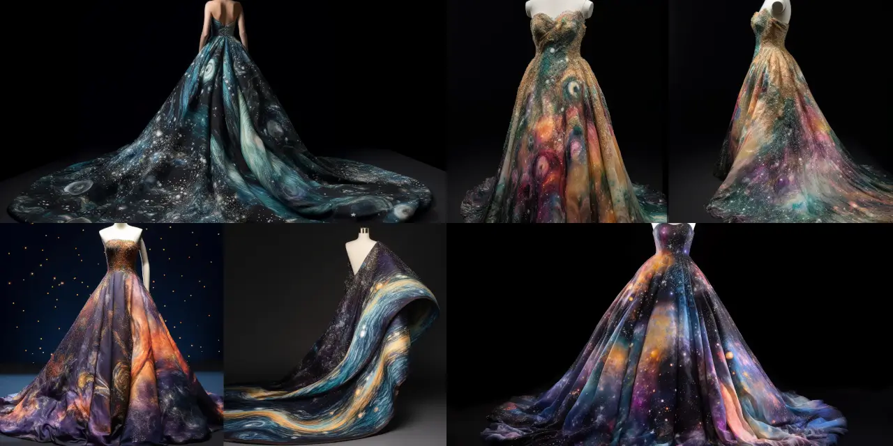 Design an avant-garde evening gown that portrays a sense of cosmic wonder, featuring {{pattern_1}}, {{pattern_2}}, and galaxy-themed patterns, with a {{adjective_1}} flowing train. Consider incorporating elements of fashion styles such as surrealism, futuristic, or abstract to enhance the gown's uniqueness. The gown should evoke feelings of {{theme_1}} and {{theme_2}}, while exhibiting an overall sense of elegance and sophistication. Imagine this gown being worn by a stylish {{celestial_figure}} at a celestial gala, adorned with radiant {{accessory_1}} and {{accessory_2}}.