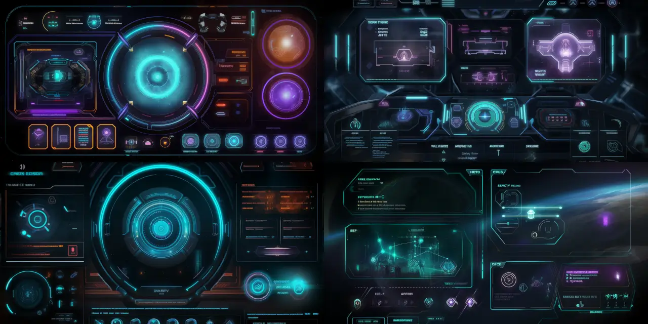 Design a main menu screen for a futuristic sci-fi mobile game, featuring {{number_of_elements}} key elements: {{element_1}}, {{element_2}}, and {{element_3}}. Incorporate a visual style reminiscent of bright neon colors, sharp edges, and a spacious interface, prioritizing UI & UX Design for Games. The game should convey a sense of {{specific_theme}} while integrating artistic influences from {{artist_1}} and {{artist_2}}. The layout should effectively intertwine {{medium_1}} and {{medium_2}} techniques to create an immersive and engaging user experience.