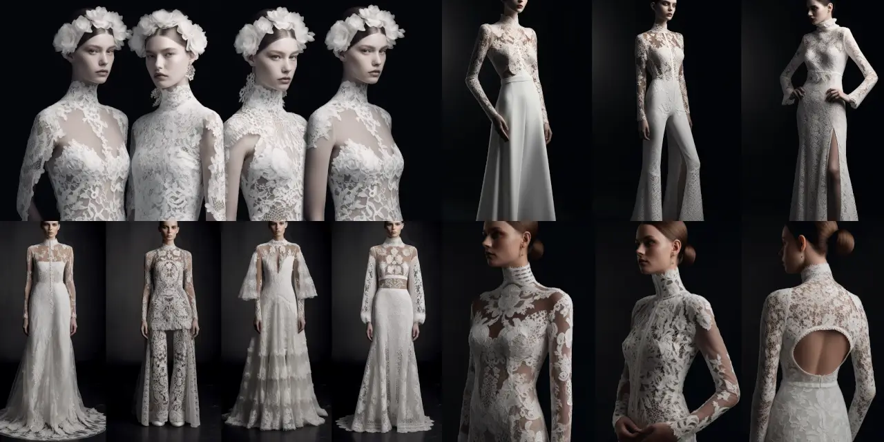 Craft a high-fashion wedding dress seamlessly merging the elegance of {{vintage_lace_element}}, with the contemporary flair of {{modern_geometric_shape}}. Fashion Design elements should include intricate details of the {{vintage_era}} era, alongside the boldness of the {{geometric_style}}. Consider exploring various artistic influences, such as {{artist_1}} and {{artist_2}} in the design concept. Let the finished product embody a harmonious blend of tradition and innovation, ultimately creating a timeless masterpiece for the bride-to-be.