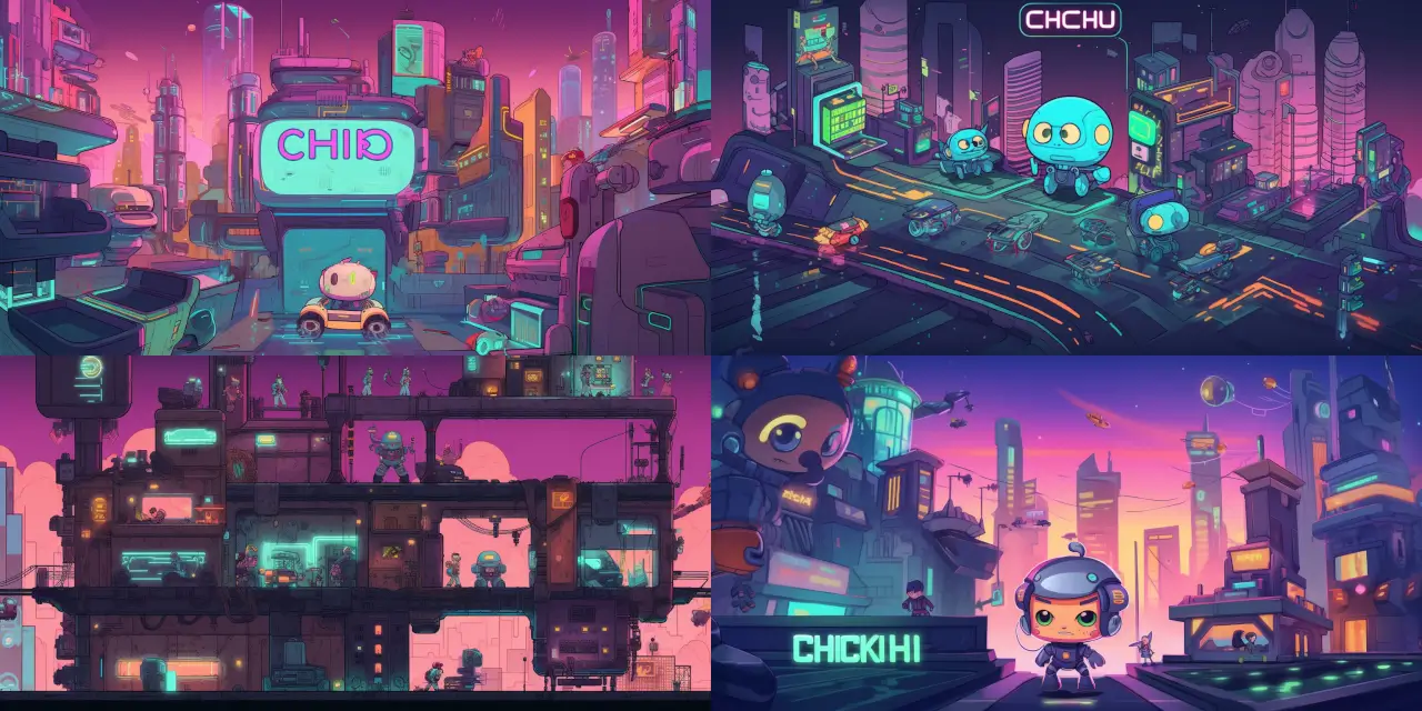 Illustrate a {{art_style}} futuristic cityscape, showcasing {{number_of_buildings}} technologically advanced buildings in chibi style, with lovable {{number_of_robots}} robot characters interacting with the citizens. Include distinctive elements like {{feature_1}}, {{feature_2}}, and {{feature_3}}. Chibi Style Art.